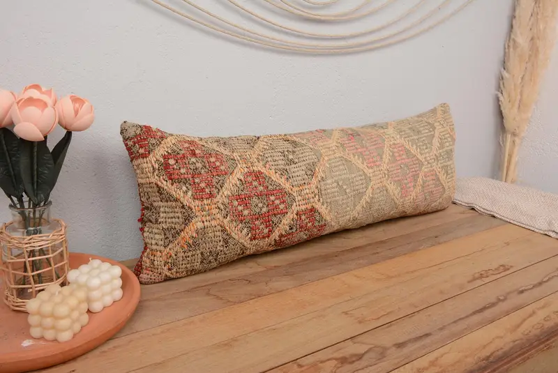 Vintage Kilim Pillow Pillow Cover, Kilim Pillow, 12x36 Red Pillow Sham, Cushion, Ethnical Kilim Rug Pillow, Kilim Pillow Cover - 1
