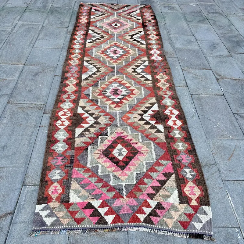 Kırmızı & Kahverengi Halı, 3,2x10,5 ft Bordürlü Tasarım