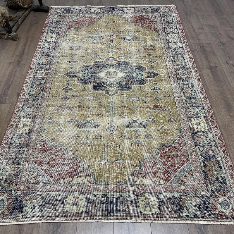 イエロー & ブルー イカット ラグ、4.8x7.9 フィート