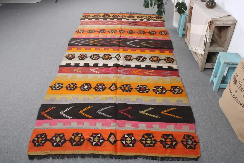 Canlı Turuncu Ikat Halı, 4,6x10 ft Zarif Dekor