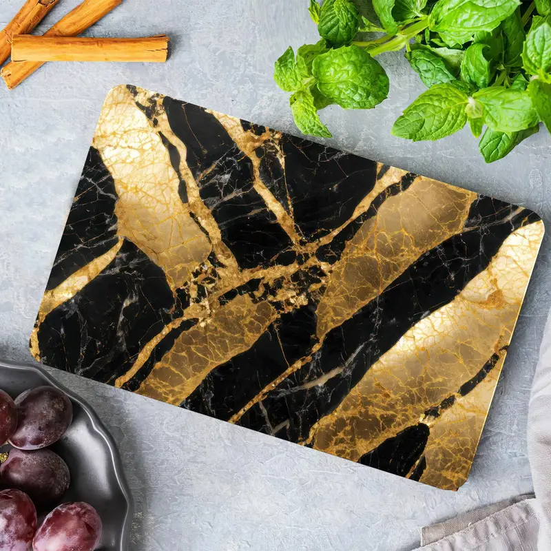 Altın Çini Tasarımlı Siyah Mermer Cam Kesme Tahtası
