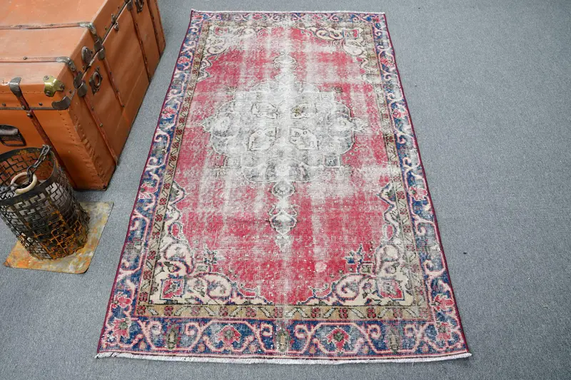 Vintage Turkish Rug, 3.5x6.2 ft Oushak Rug, Red Accent Camouflage Rug - 1