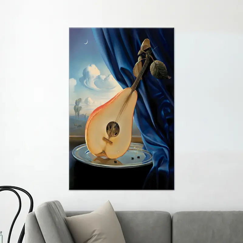 Lienzo surrealista de pera y guitarra: impresión de arte musical abstracto