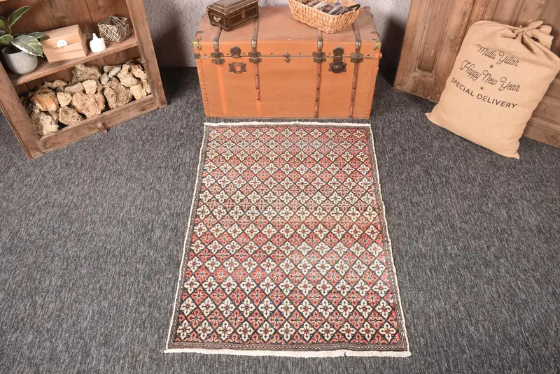 Alfombra turca vintage, alfombra pequeña de 3,1x4,5 pies, alfombra geométrica marrón roja - 1