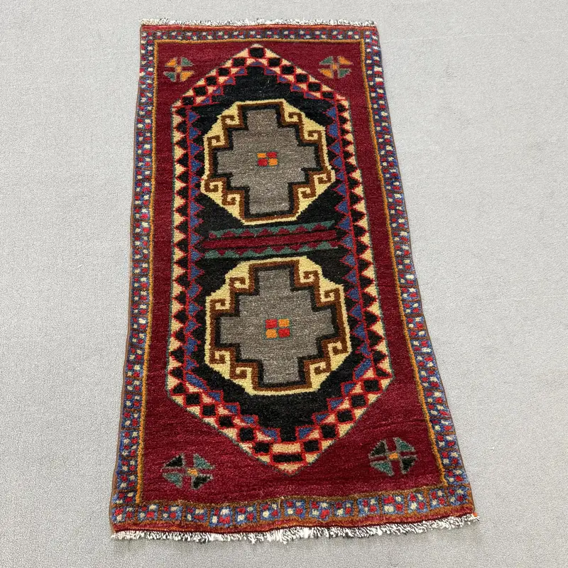 Turkish Vintage Rug, 1.9x3.8 ft Oushak Rug, Red Blue Rug - 1