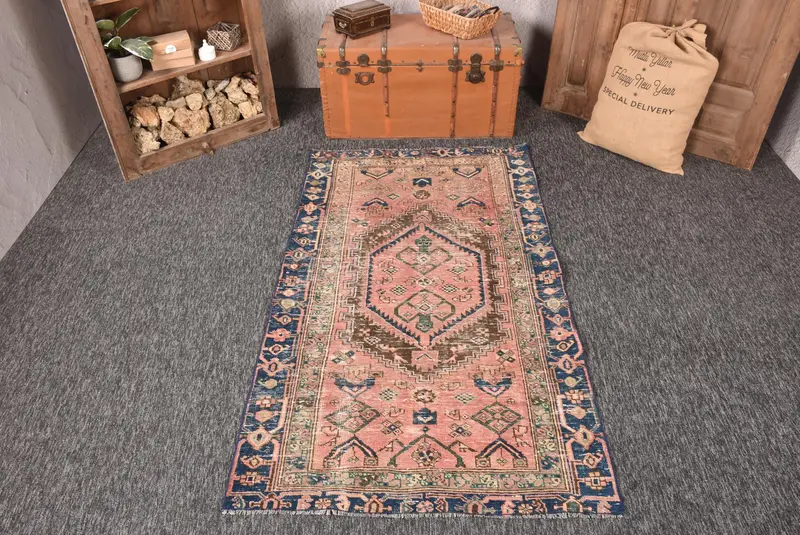 Türk Halısı, Alan 3.8x6.6 ft Vintage Halı, Mavi Pembe Geometrik Yün Halı - 1