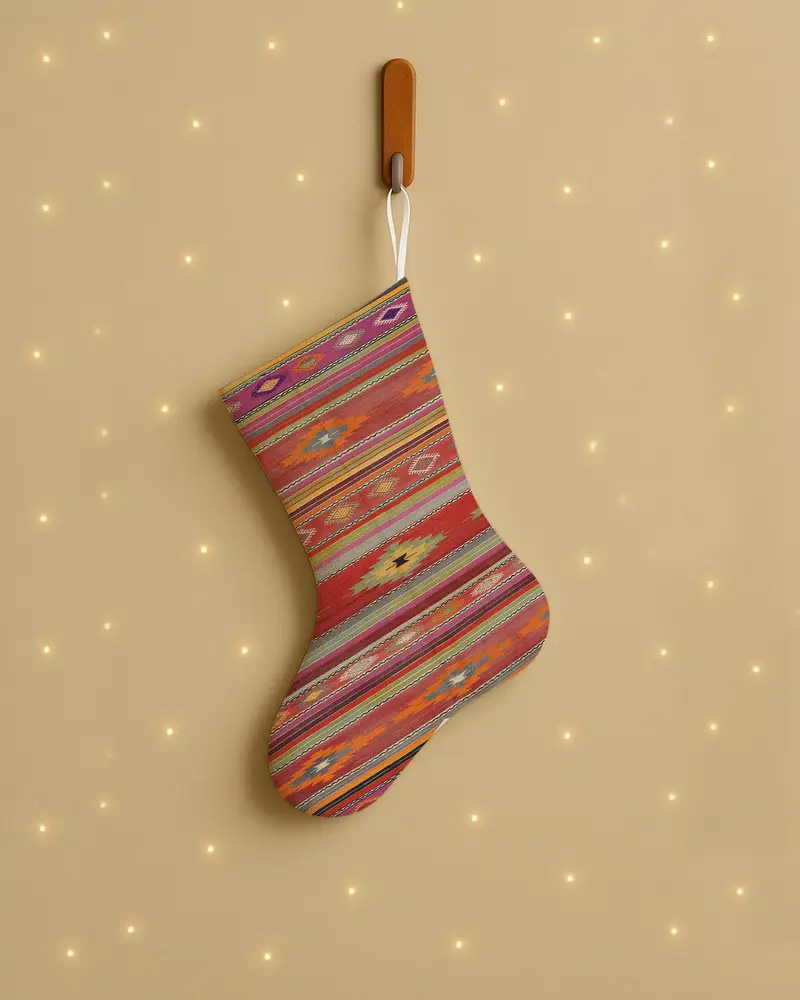 Festive Red and Orange Christmas Ornaments Stocking, Cozy Holiday Decor