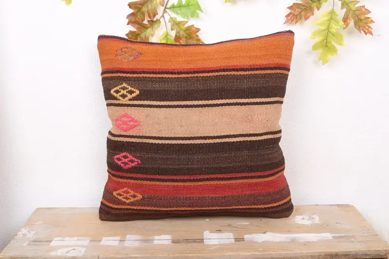 Braun & Orange gestreiftes Kissen, besticktes Vintage Kissen