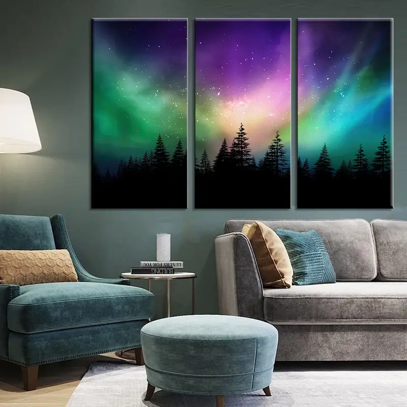 Silueta de bosque negro, lienzo de paisaje invernal, espacio colorido, luces del norte, lienzo imprimible, decoración de arte de pared, decoración del hogar Arte de pared - 3