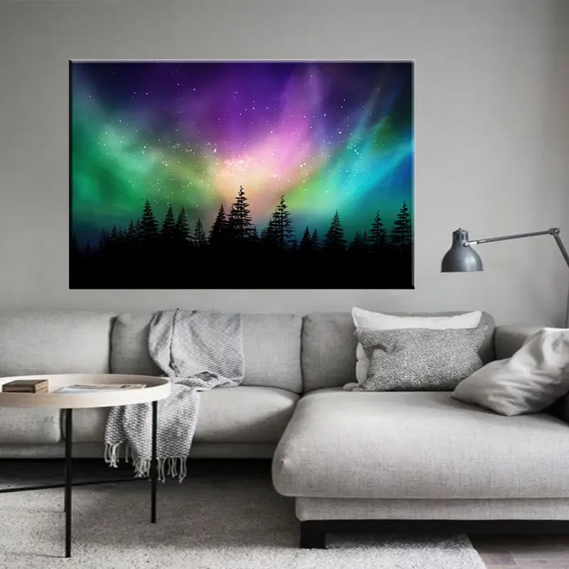 Silueta de bosque negro, lienzo de paisaje invernal, espacio colorido, luces del norte, lienzo imprimible, decoración de arte de pared, decoración del hogar Arte de pared - 2
