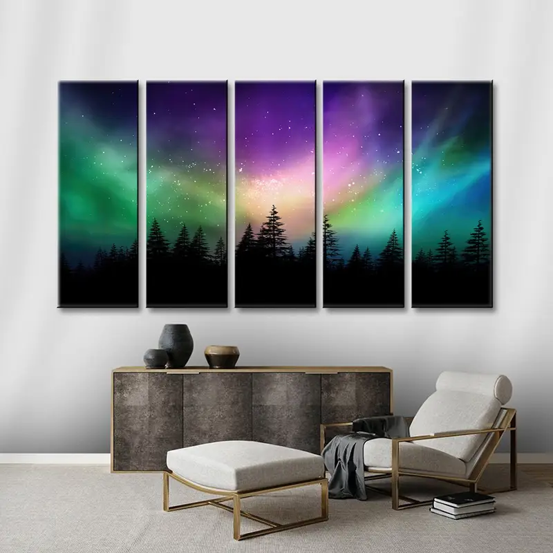Silueta de bosque negro, lienzo de paisaje invernal, espacio colorido, luces del norte, lienzo imprimible, decoración de arte de pared, decoración del hogar Arte de pared - 5