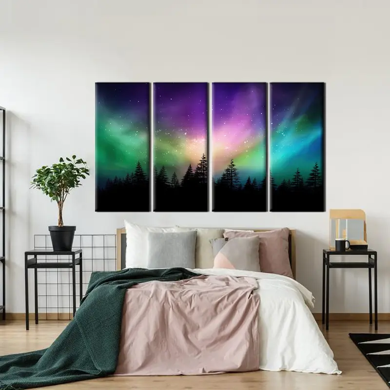 Silueta de bosque negro, lienzo de paisaje invernal, espacio colorido, luces del norte, lienzo imprimible, decoración de arte de pared, decoración del hogar Arte de pared - 4