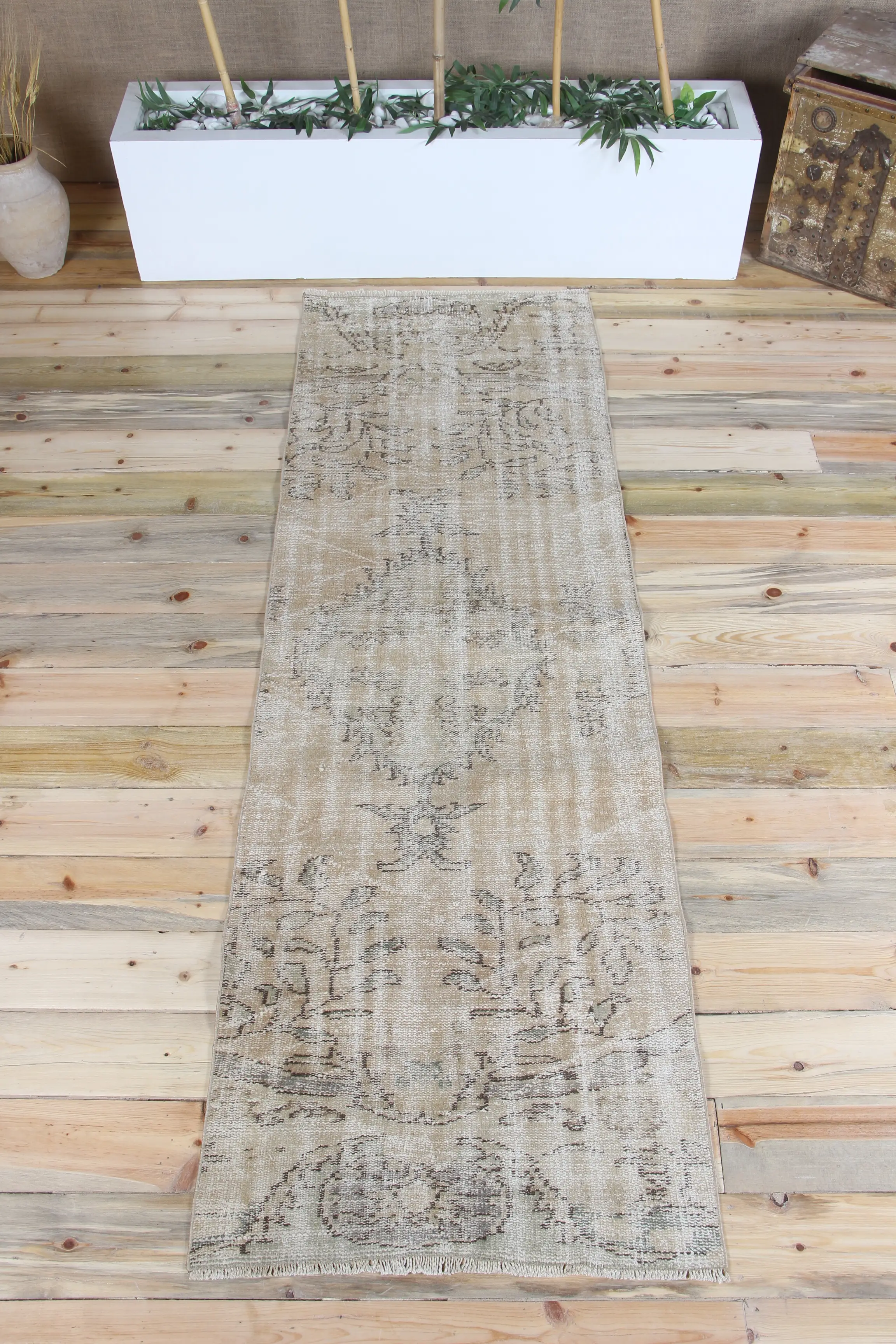 2.5x7.7 ft Turkish Vintage Rug, Runner Rug, Brown Bronze Floral Rug - 1