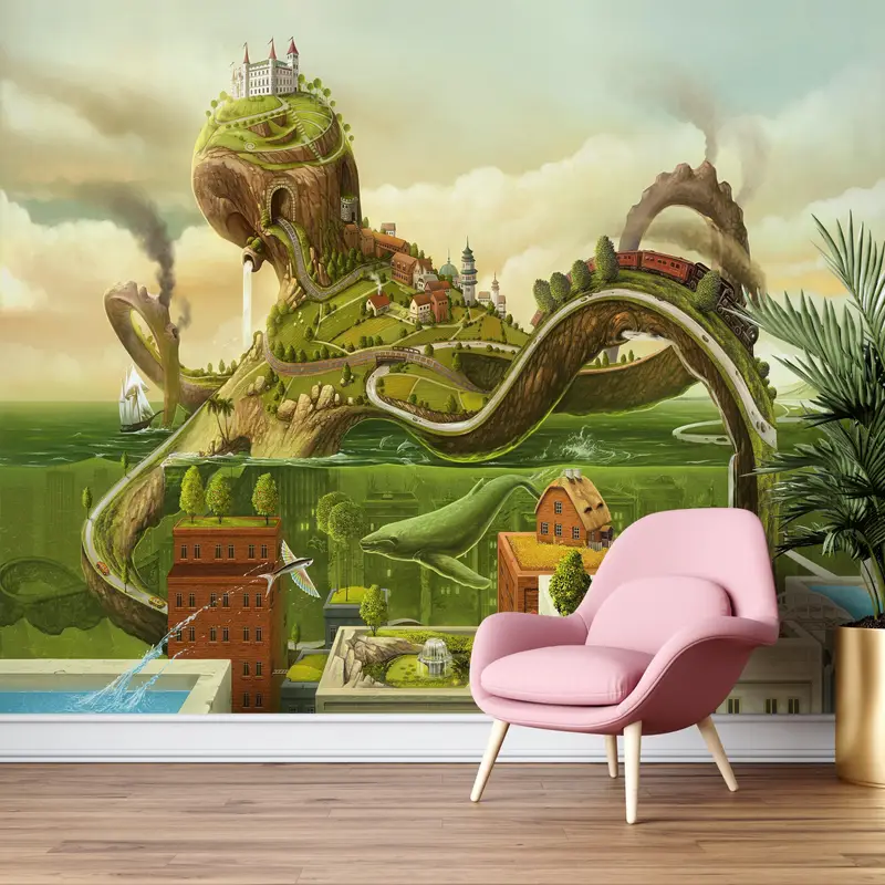 Gedruckte surreale grüne Oktopus-Tapete: Abstrakte Eleganz unter Wasser