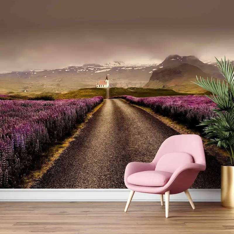 Papel pintado impreso: paisaje primaveral con flores rosas y cielos nublados