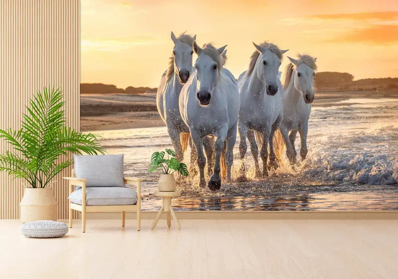 Zarif Baskılı Duvar Kağıdı: Denizin Yanında Koşan Atlar Gün Batımı Görünümü