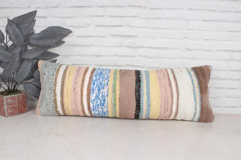 Ethnical Kilim Rug Pillow, Cotton Pillow, Pillow for Couch, 12x36 Pink Pillow, Pillow Case, Boho Chic Cushion Cover, Turkish Pillow - 1