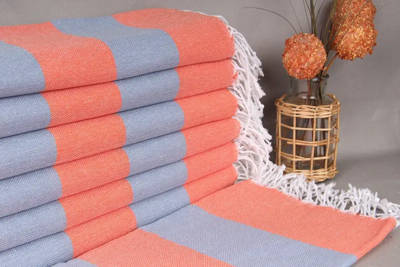 Embroidered Beach Towel Blue-Orange Striped, Organic Cotton, 40x71 Inches