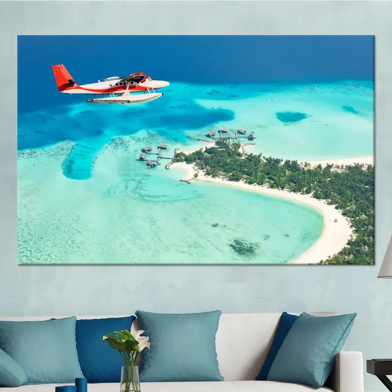Lienzo elegante de hidroavión: impresión artística de paisaje marino tropical