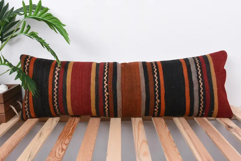 Bench Pillow Sham, Home Decor Pillow, 12x36 Red Cushion Case, Boho Pillow, Handmade Rug Seat Cushion Cover, Ethnical Kilim Rug Pillow, Pillow Case - 1
