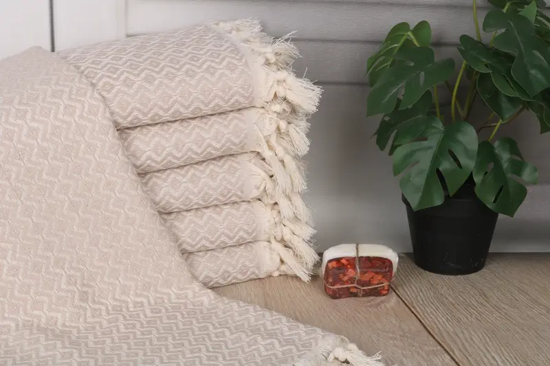 Personalized Turkish Beach Towel Diamond Light Beige Cotton, 40x71 Inches