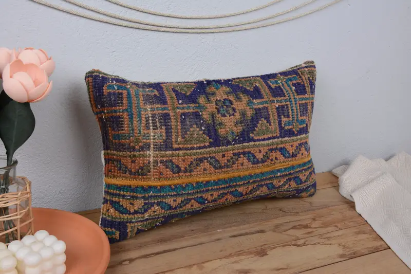 Pillow for Couch, Pillow Sham, 12x20 Blue Pillow Sham, Boho Pillow, Bright Cushion Cover, Outdoor Bolster Cushion Cover, Kilim Pillow - 1