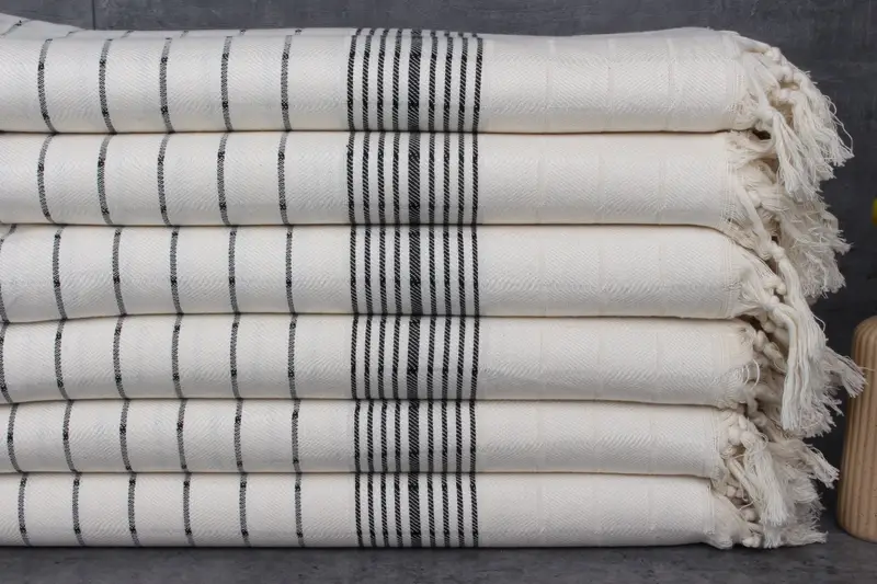 Embroidered Beach Towel Black Striped Organic Cotton, 40x71 Inches