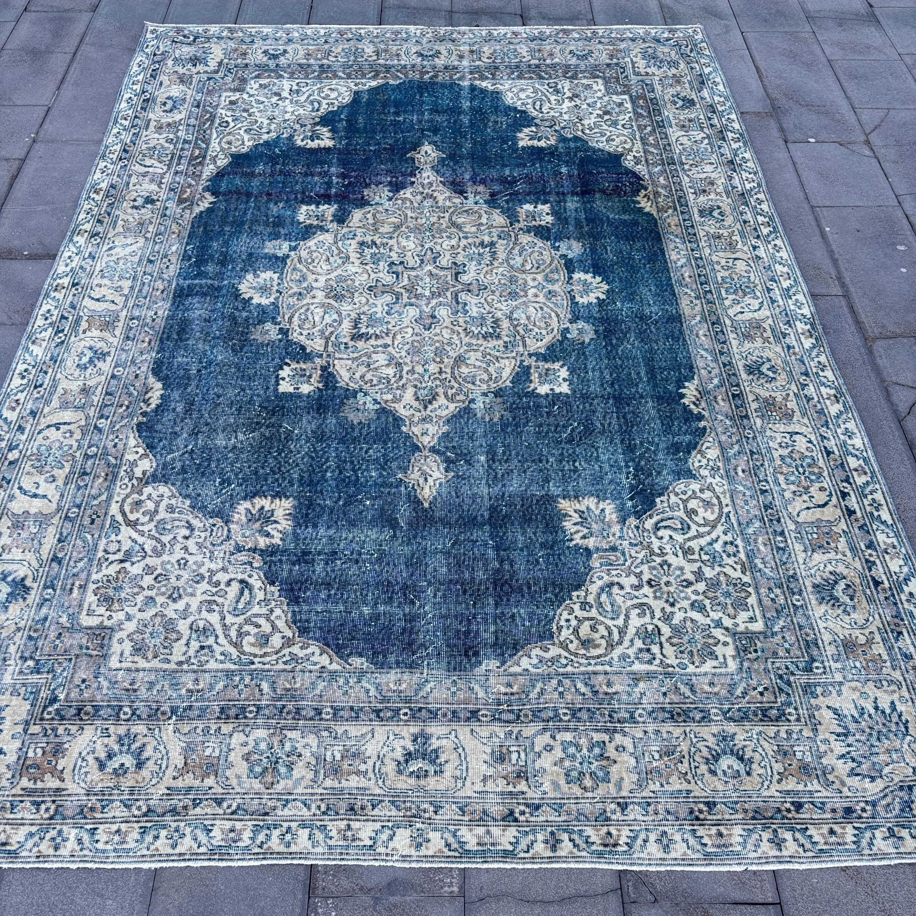 Turkish Rug, 8x11 ft Oversize Rug, Blue Moroccan Wool Vintage Rug - 1