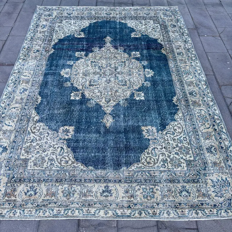 Blue Moroccan Rug, 8x11 ft Elegant Blue & Beige