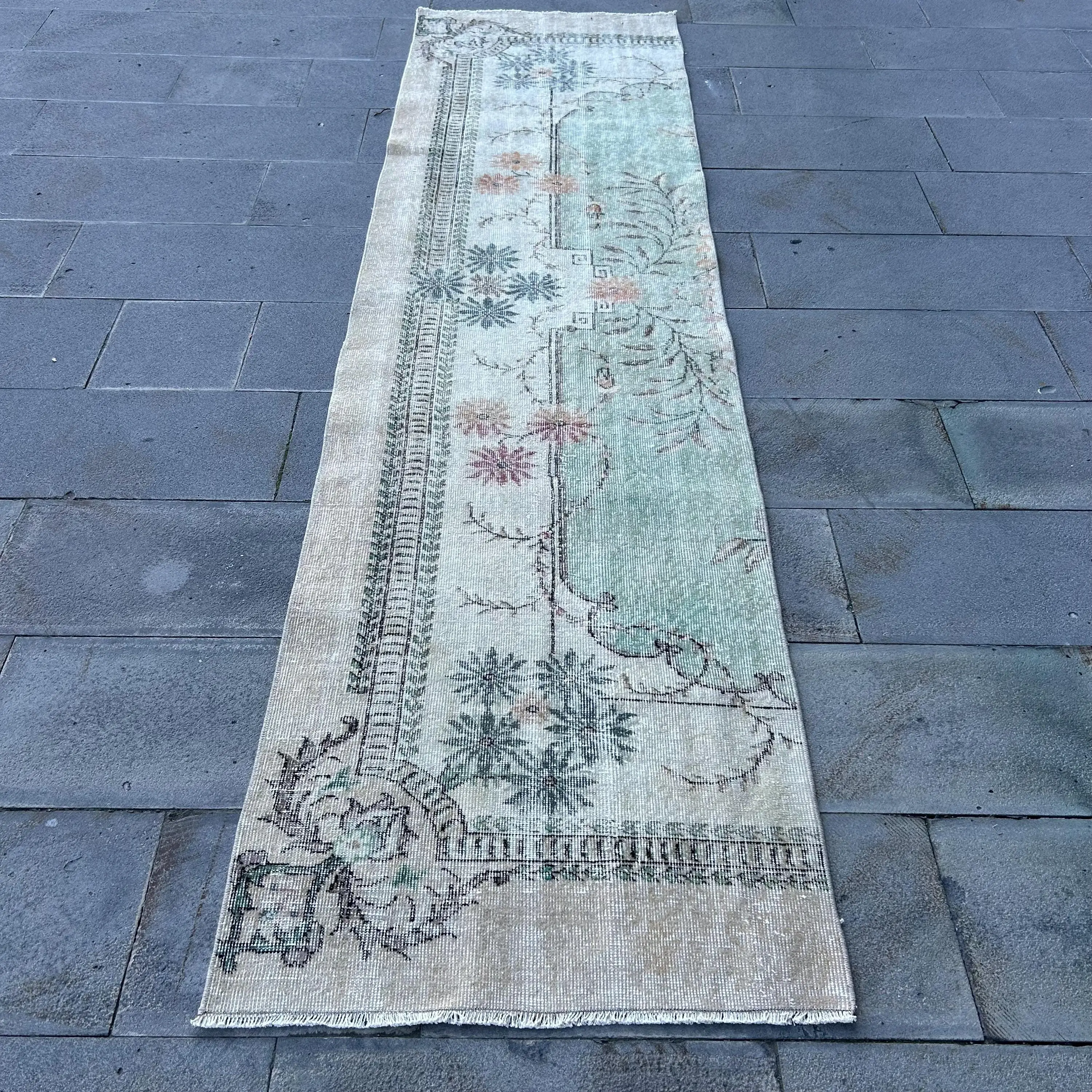 2.6x10 ft Vintage Rug, Gray Moroccan Turkish Wool Rug - 1