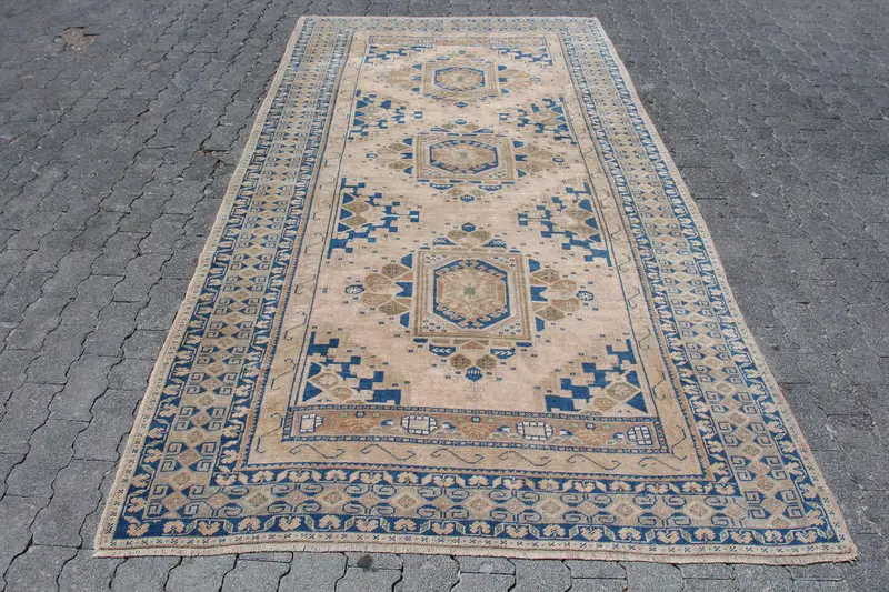 Turkish 5.1x10.1 ft Large Rug, Vintage Rug, Oushak Blue Bordered Rug - 1