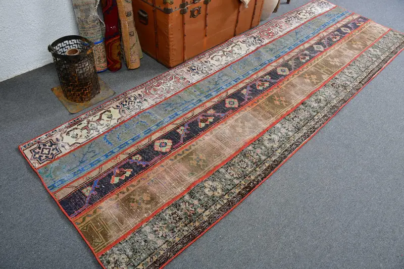 Vintage Turkish Oushak Rug 3.2x9.8 ft (98x298 cm), Blue Solid Wool Rug - 1