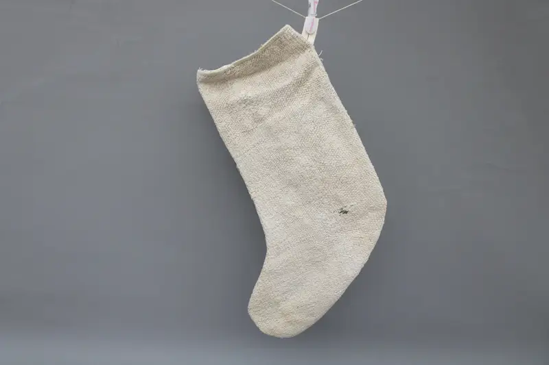 Beige Christmas Stocking with White Ornaments, Festive Holiday Stocking