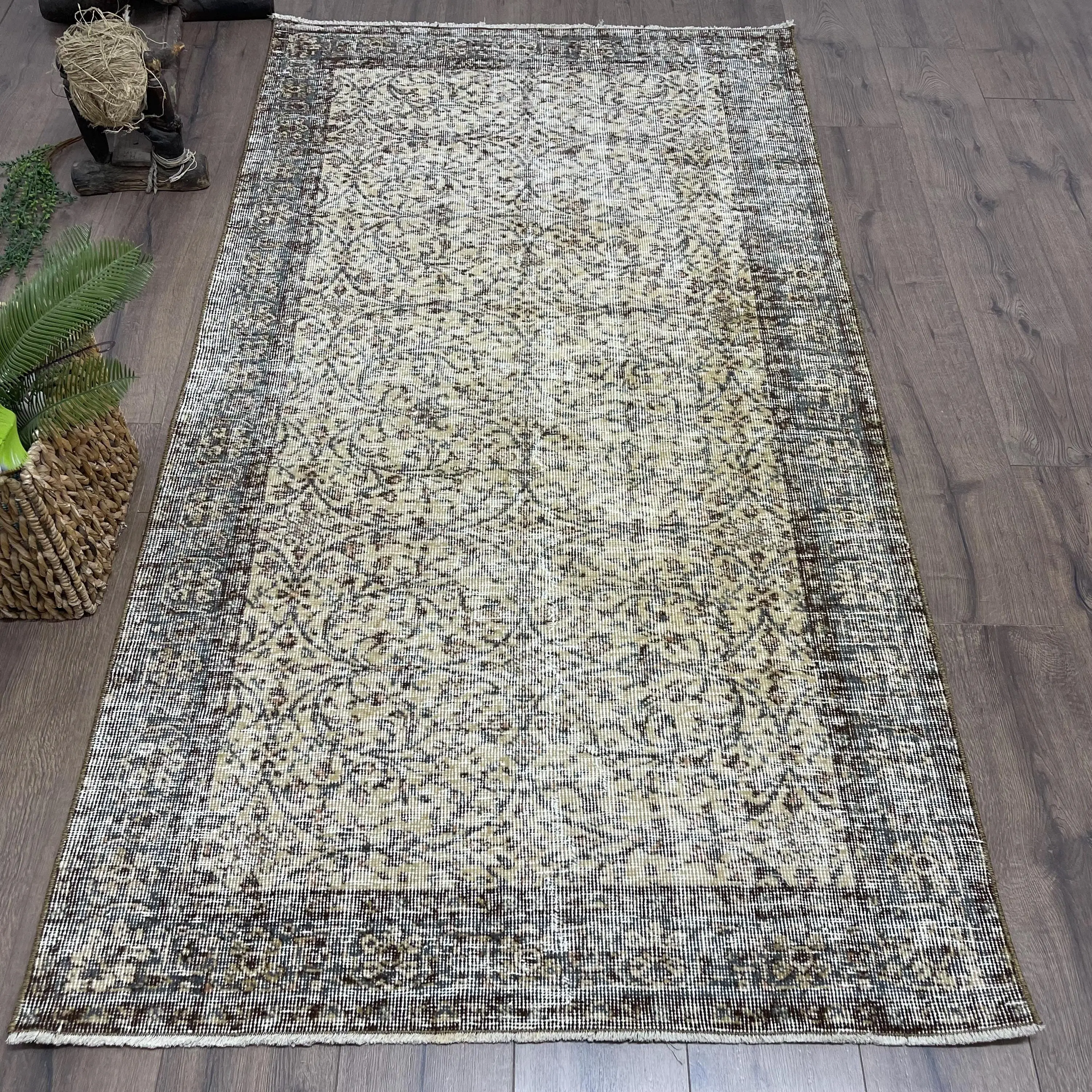 3,7x6,9 ft Teppich, türkischer Vintage-Teppich, brauner Wollteppich - 1