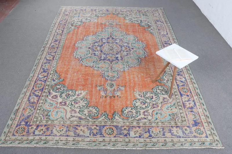 El Yapımı Turuncu & Mavi Halı, 18x315 cm Çizgili Geometrik