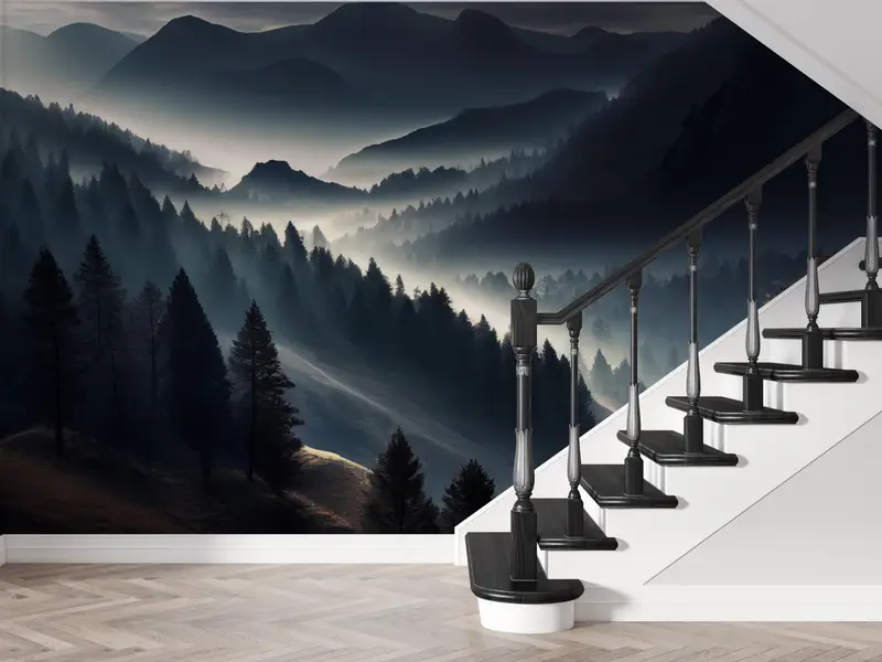 Elegante bedruckte Tapete: Moderne Berg- und Baumlandschaft