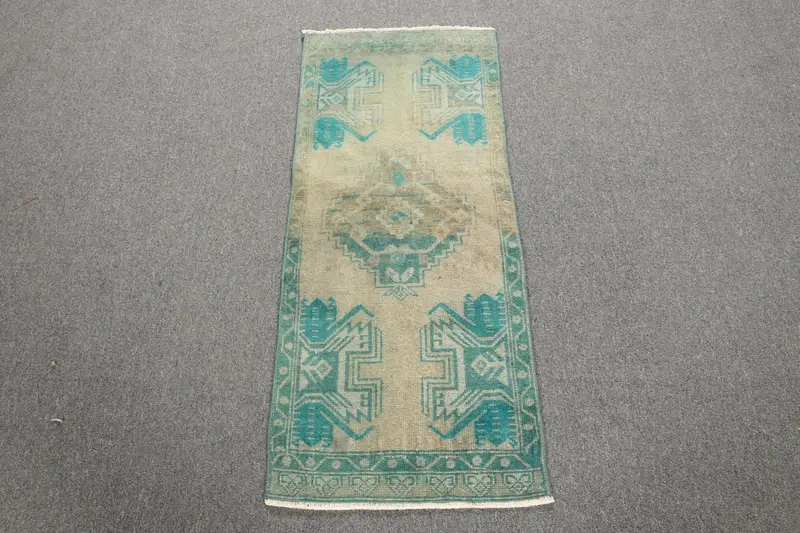 Turkish Small Rug 1.5x3.5 ft, Vintage Oushak Blue Plants & trees Wool Rug - 1