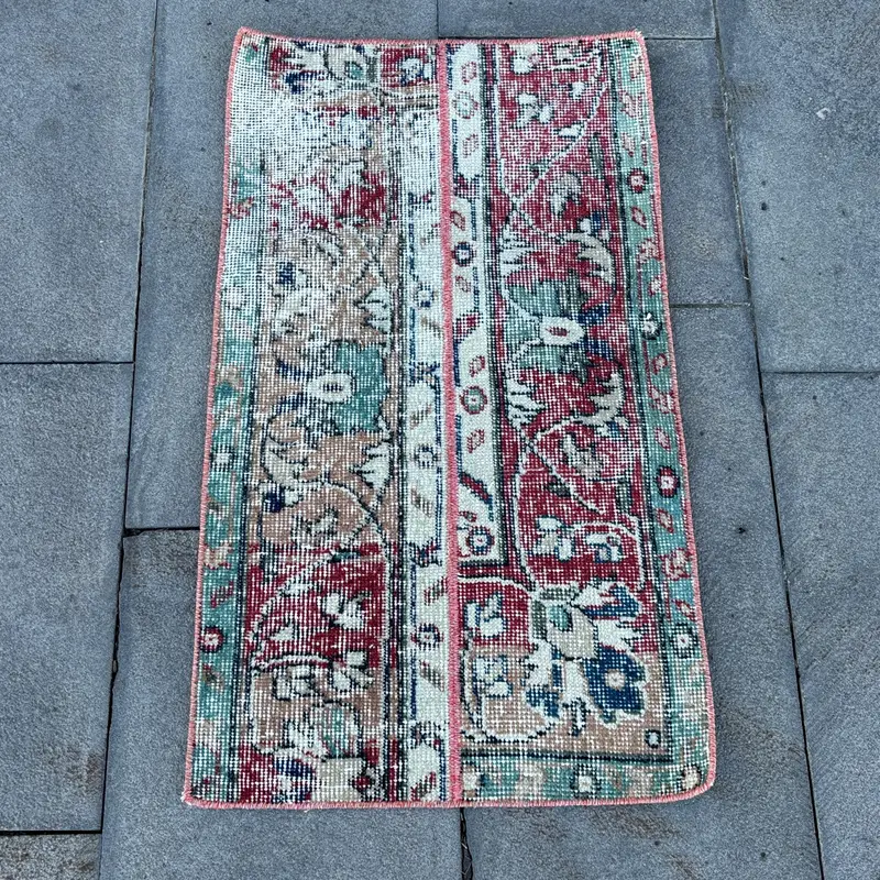 Turkish Vintage Rug 1.5x2.9 ft (45x89 cm), Oushak Red Blue Southwestern Rug - 1
