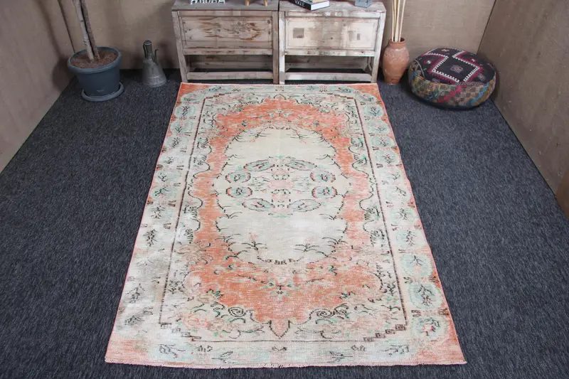 Vintage Rug, 5.2x8 ft Turkish Rug, Orange Green Floral Wool Rug - 1