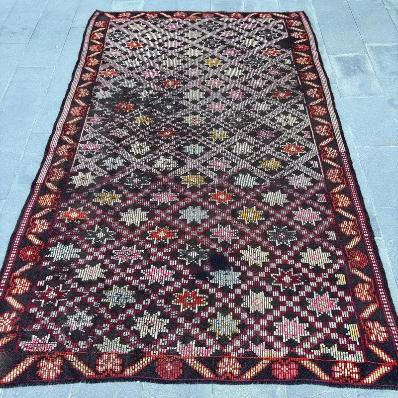 Canlı Turuncu Halı, 6,4x8,3 ft Geometrik Çiçek Desenli