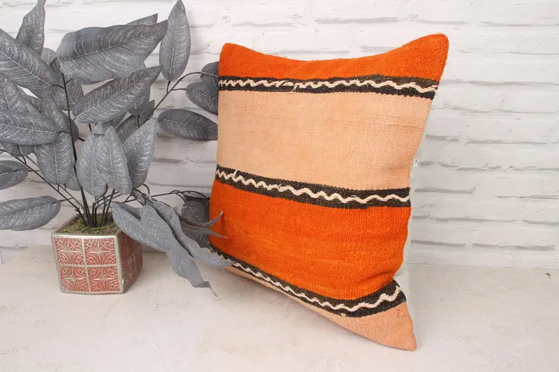 18x18 Orange Pillow Case, Tapestry Cushion Case, Turkish Pillow, Pillow for Couch, Cushion Cover, Pattern Throw Pillow Cover, Kilim Pillow Cover - 4