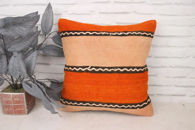 18x18 Orange Pillow Case, Tapestry Cushion Case, Turkish Pillow, Pillow for Couch, Cushion Cover, Pattern Throw Pillow Cover, Kilim Pillow Cover - 1
