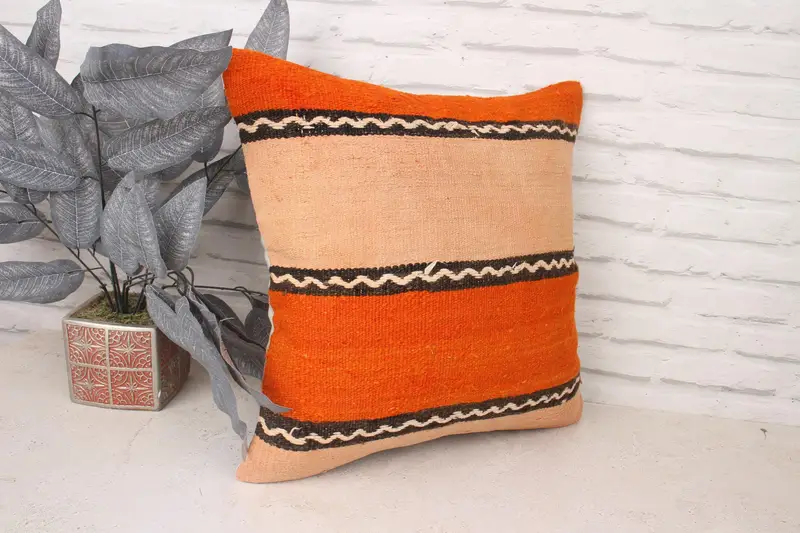 18x18 Orange Pillow Case, Tapestry Cushion Case, Turkish Pillow, Pillow for Couch, Cushion Cover, Pattern Throw Pillow Cover, Kilim Pillow Cover - 3