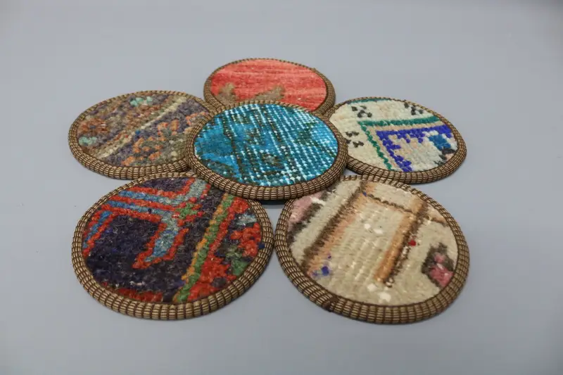 Blue and Red Round Coaster, Durable Turkish Rug Coaster