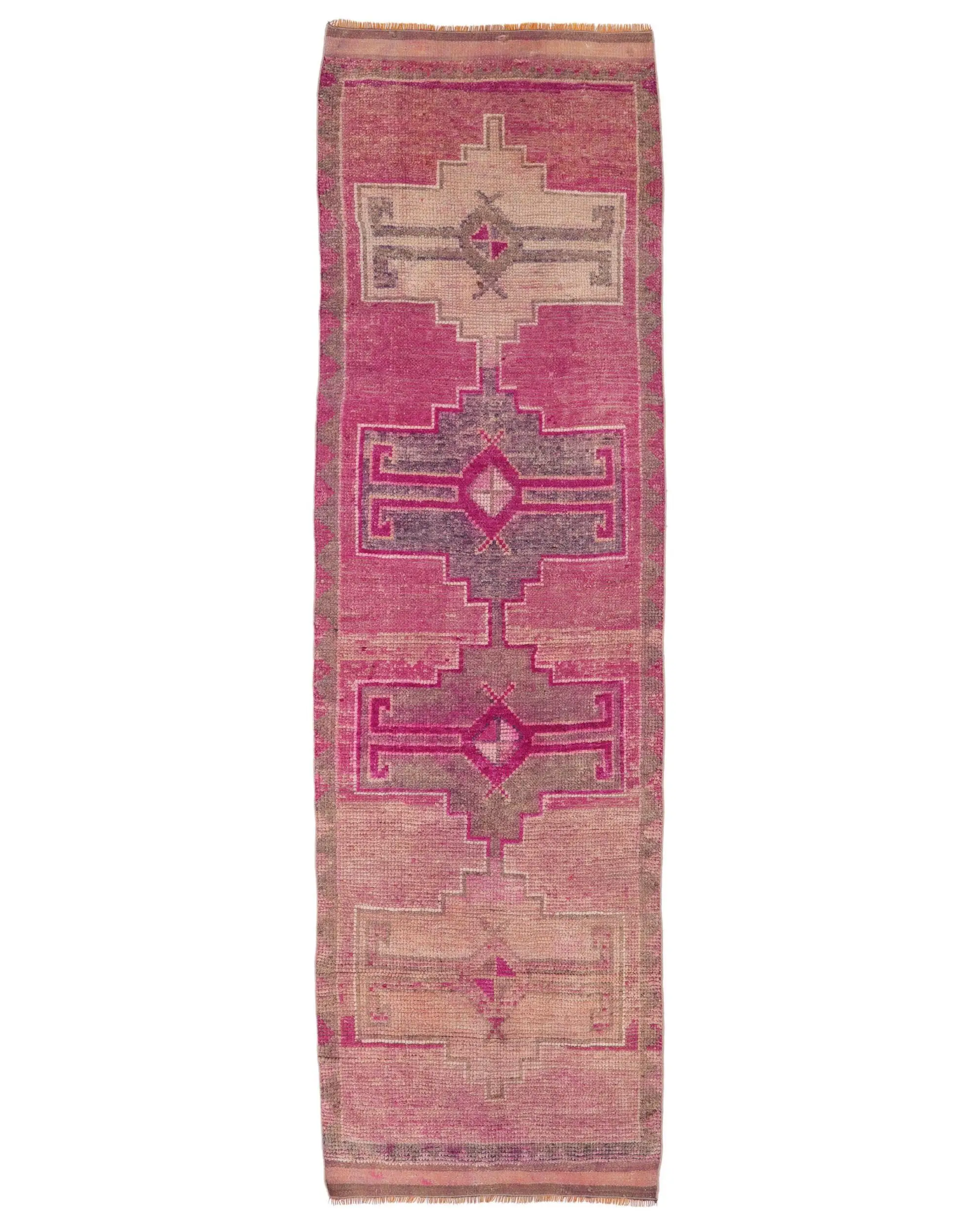 Türkischer Läuferteppich 2,8 x 9,8 Fuß, rosa grauer abstrakter Wollteppich - 1