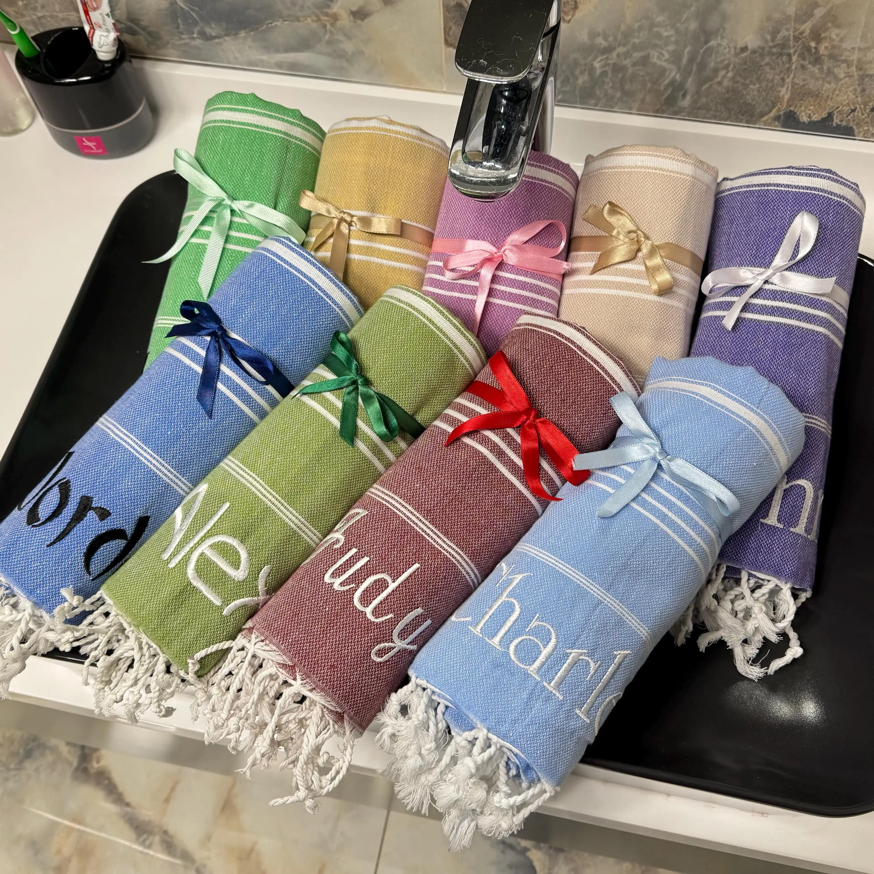 Personalized Turkish Cotton Towel White Embroidery, 40x70 Inches - 1