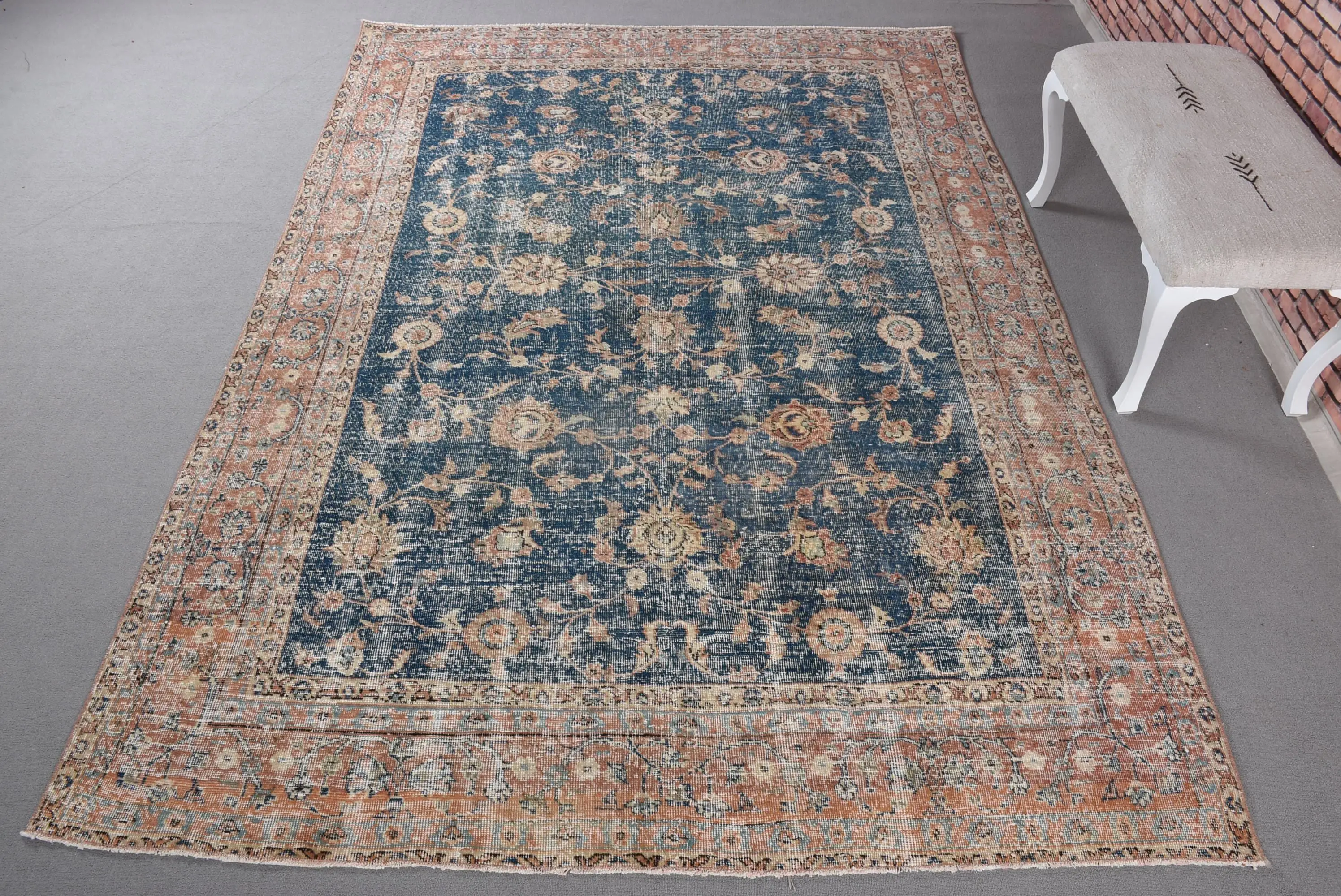 Türk Halısı, Büyük 6.9x9.6 ft Vintage Halı, Mavi Çiçekli Yün Halı - 1