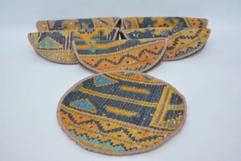 ブルーとオレンジのサークルプレースマット、手作りキリムキッチン装飾