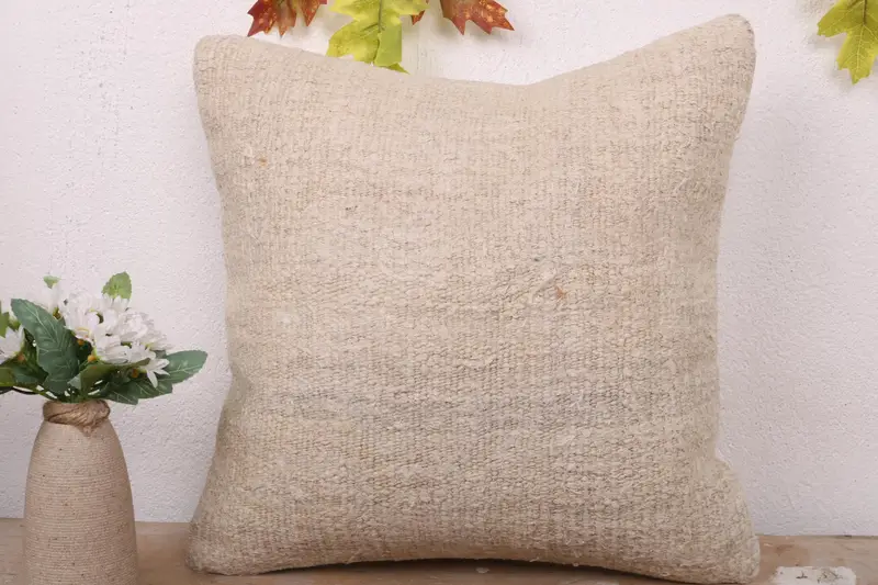 Turkish Rugs Cushion Case, Cushion Cover, 16x16 Beige Pillow, Ethnical Kilim Rug Pillow, Throw Kilim Pillow, Handmade Kilim Cushion - 2