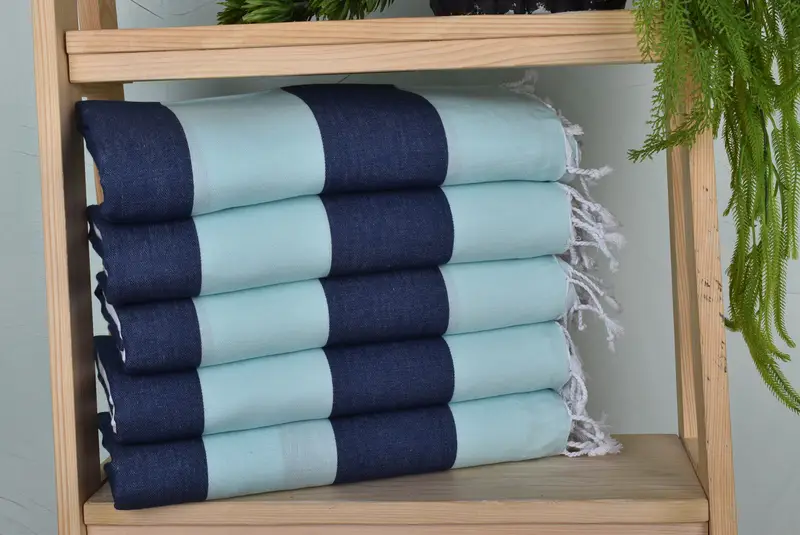 Personalized Beach Towel Mint-Navy Blue Striped Organic Cotton, 40x71 Inches